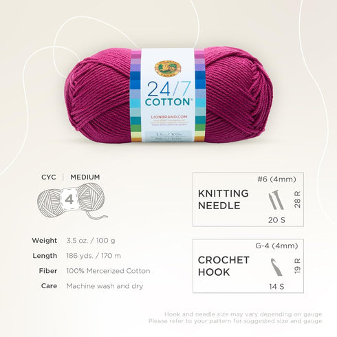 Lion Brand Yarn Lightweight 24/7 Cotton Yarn for Knitting, Crocheting, and Crafts, Rose, 1 Pack...