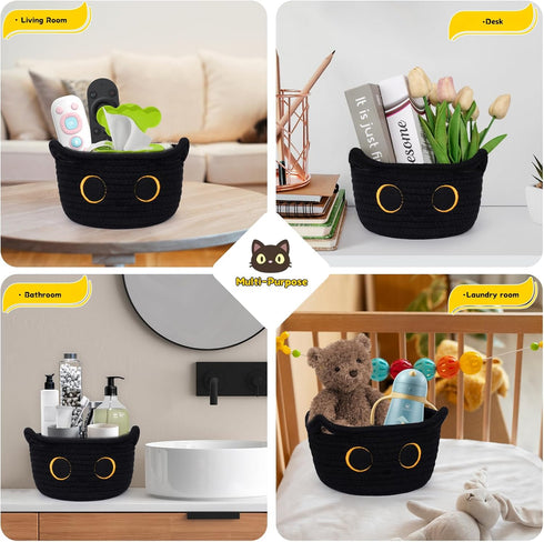 Small Storage Basket, Black Cat Cotton Rope Baskets Woven Blasket for Nursery, Blanket Basket Organizer With Ears Baby Toy Storage Basket for Gift...