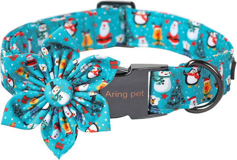 ARING PET Christmas Dog Collar-Cute Winter Girl Dog Collar with Flower, Adjustable Cotton Blue Christmas Pet Collar Puppy Collars...