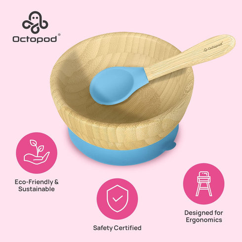 Abiie Octopod Bamboo Baby Bowl Set for 4 Months and Up – Mess-Free High Chair Suction Bowl with Spoon for Toddlers and Kids - Ergonomic Baby Feedi...