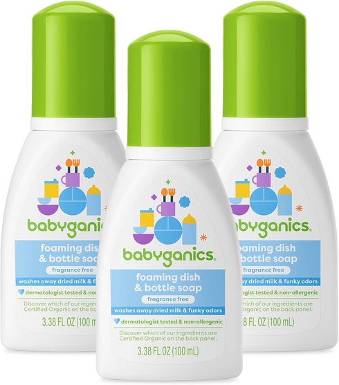Babyganics Foaming Dish & Bottle Soap for Travel, Fragrance Free, Plant-Derived Cleaning Power, Removes Dried Milk, Packaging May Vary, 3.38 Fl Oz...