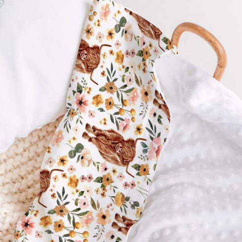 Highland Cow Floral Minky Baby Blanket Dotted Backing Girl, Boho Western Farm Animal Yak Flower Double Layer Nursery Bed Blankets, Soft Plush Newb...