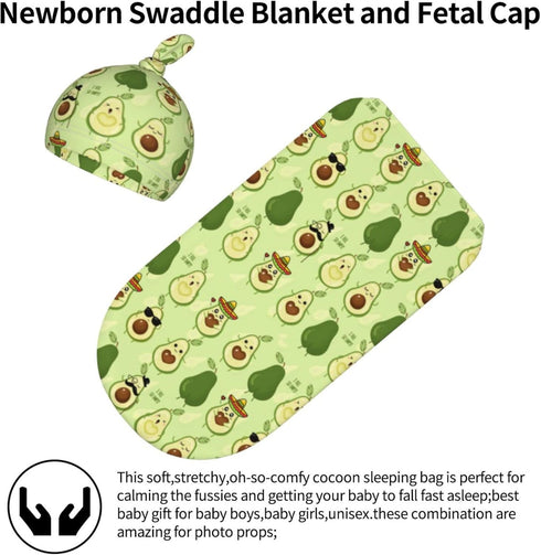 Cute Avocado Newborn Swaddle Blanket with Hat Sets Newborn Receiving Blanket for Boy Girl Swaddle Sack Shower Infant Gift...