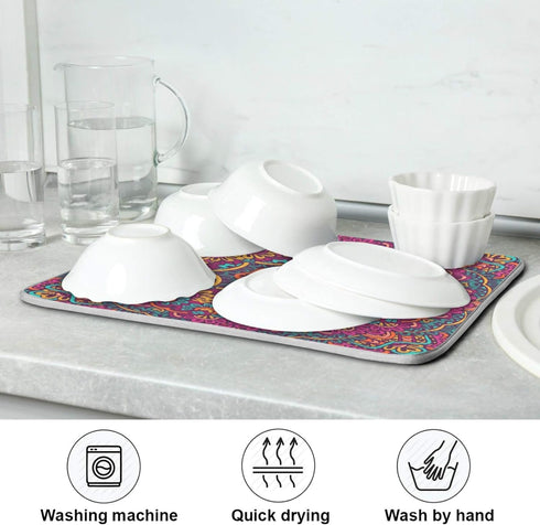 Boho Ethnic Dish Drying Mat Bohemian Mandala Paisley Kitchen Countertop Mat 16 x 18 Inch Absorbent...