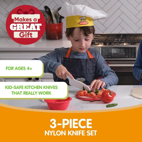 Curious Chef 3-Piece Nylon Knives for Kids - White & Green - Child Safe & Serrated Blunt Tip Chef Knives - Safe for Nonstick Pans...