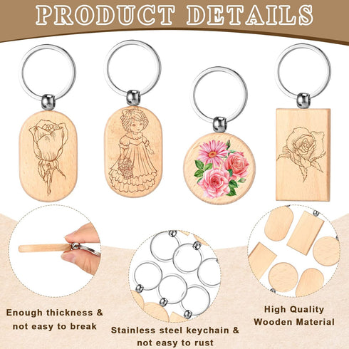 24 Pcs Wooden Keychain Blanks Wood Engraving Blanks Key Chain Unfinished Rectangle Oval Round Wood Key Tag with Plastic Storage Container for DIY ...
