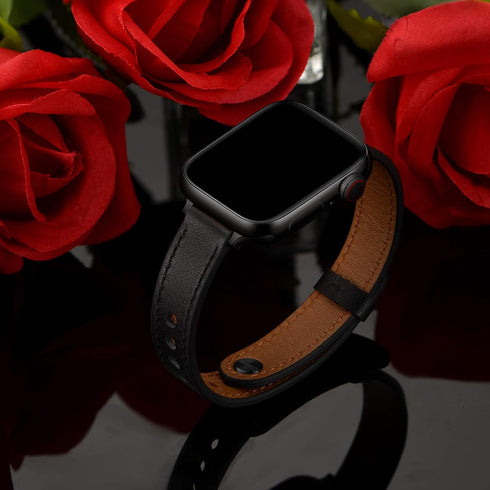 OUHENG Slim Bands Compatible with Apple Watch Band 46mm/49mm/45mm/44mm/42mm, Women Genuine Leather Thin Strap for iWatch Ultra 2/1 SE Series 10 9 ...