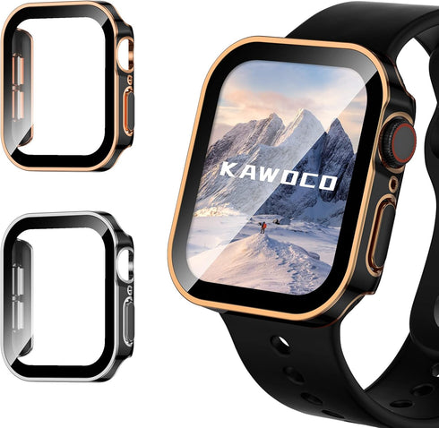 2 Pack Waterproof Case for Apple Watch Series 9 8 7 45mm, Straight Edge PC Bumper with Tempered Glass Screen Protector 360 Protective Cover for iW...