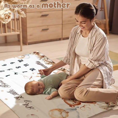 Boho Sleeping Bear Monthly Baby Milestone Blanket Brown Bear Balloon Flannel Blanket Boy Newborn Infant Swaddle Blanket Growth Chart Baby Blanket ...