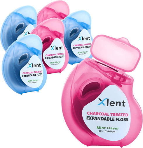 Expandable Floss Treated with Activated Charcoal with Xylitol and Natural Plant Based Wax |Fresh Mint Flavor | 50 Meter (6 Count)...