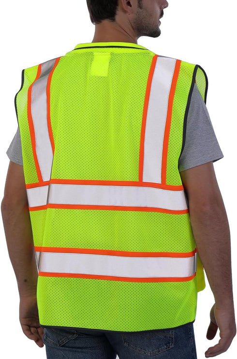 Reflective Safety Vest Yellow Mesh, High Visibility Vest with Pockets and Zipper, Padded Neck, Construction Work Vest ANSI Class 2, Yellow with Or...