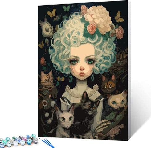 Curly-haired Doll and Her Cat DIY Oil Paint by Numbers for Adults Beginners Without Frame Cool Dolls Painting by Number on Canvas with Brushes and...