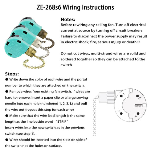 Ceiling Fans Switch Zing Ear ZE-268S6, 3 Speed 4 Wire Pull Chain Cord Appliances Switch Speed Control Replacement Parts Compatible with Hunter Cei...