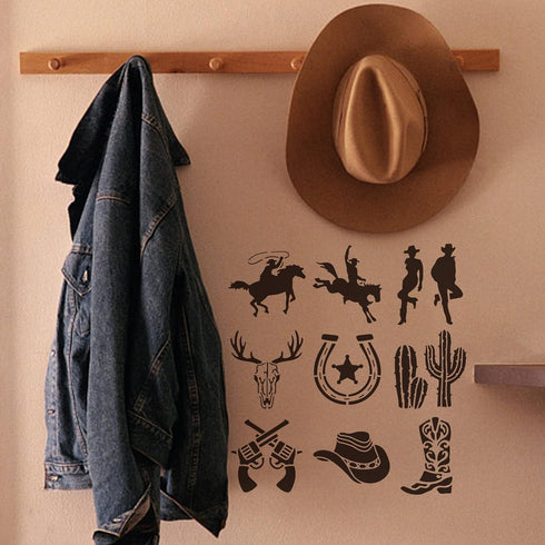 9PCS Cowboy Stencil 6×6inch Cowboy Boots and Hat Cactus Western Cowboy Cowgirl Stencil Reusable Hollow Out Drawing Template for DIY Projects, Pain...