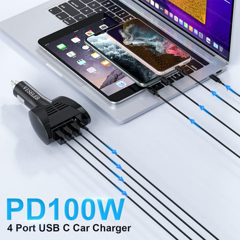 USB C Car Charger Adapter 124W, 4 USB Multi Port PD 100W Cigarette Lighter Car Charger Compatible with MacBook Pro Air, iPhone 14 13 Pro Max iPad ...