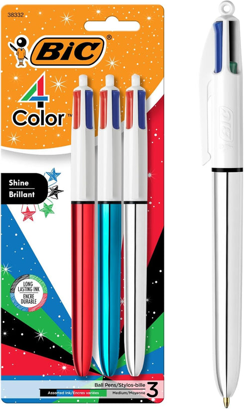 BIC 4-Color Shine Retractable Metallic Ball Pens, Medium Point (1.0mm), 3-Count Pack, Retractable Ball Pen With Long-Lasting Ink...