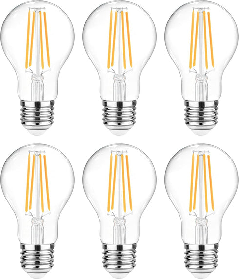 Ascher 60 Watt Equivalent, E26 LED Filament Light Bulbs, Warm White 2700K, Non-Dimmable, Classic Clear Glass, A19 LED Light Bulb with 80+ CRI, 6-P...