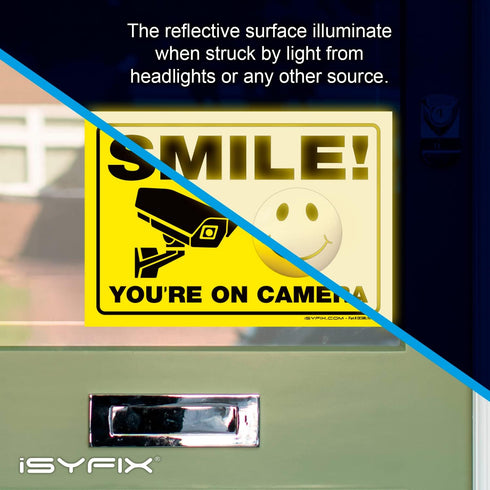 iSYFIX Smile You're on Camera Reflective Stickers for Business - 2 Pack 14x10 Inch - Self-Adhesive Vinyl Decal, Laminated for UV Protection, Fade ...