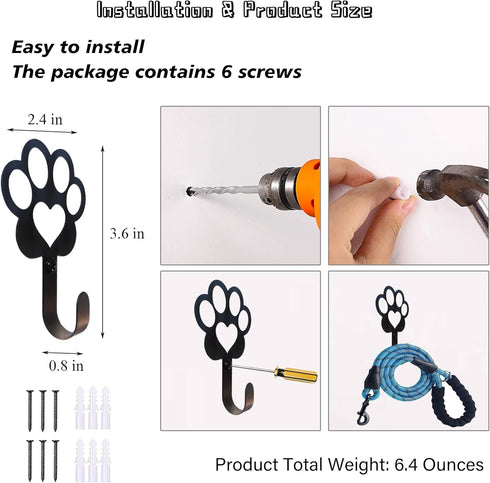 6 PCS Dog Paw Shaped Dog Leash Hook for Wall, Metal Leash Holder Wall Mounted Hanger for Coat Key Entryway Hallway Kitche Office...
