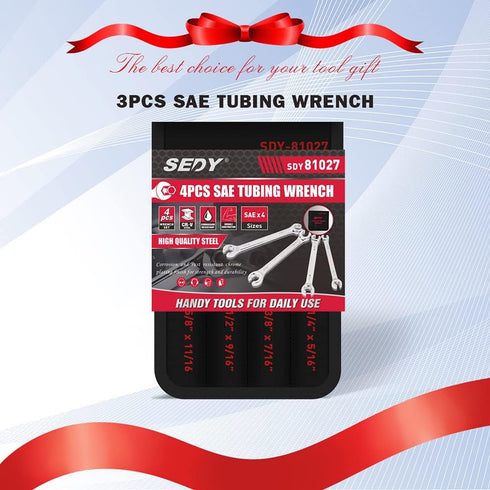 4-Piece Flare Nut Wrench Set - SAE Brake Line Wrench 1/4, 5/16, 3/8, 7/16, 1/2, 9/16, 5/8, 11/16-inch, Professional Offset Heads, Portable Organiz...