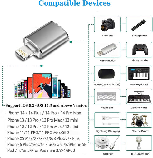 Apple MFI Certified Lightning to USB Camera Adapter, USB 3.0 OTG Cable Adapter for iPhone 14 13 12 11 XS XR X SE 8 7 6 5 iPad to Connect Card Read...