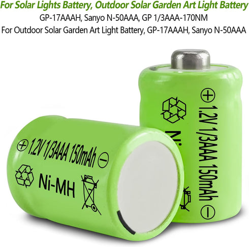 JINTION 1/3 Rechargeable AAA 150mAh Button Top NiMH Battery Replacement batteries for Solar Lights Battery, Outdoor Solar Garden Art Light Battery...