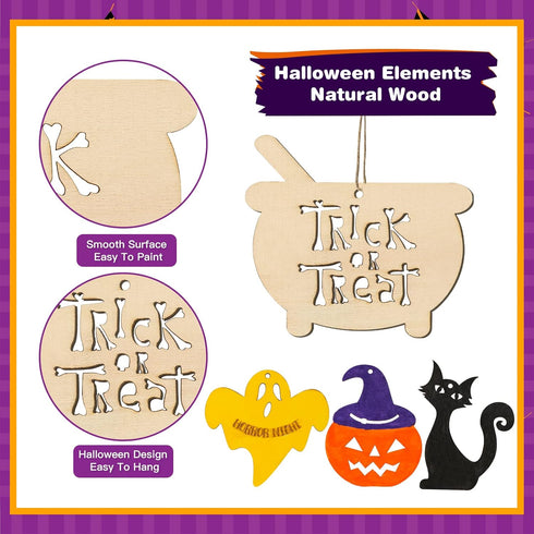 MGparty Halloween Crafts 60PCS Halloween Wooden Slices DIY Natural Wood Crafts Unfinished Predrilled Cutouts Ornaments for Kids Halloween Hanging ...