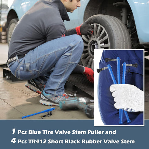 5 Pieces Tire Repair Kit, 1 Valve Core Removal Tool Tire Valve Stem Puller No Scratch Strength Blue Plastic Tire Valve Tool 4 TR412 Rubber Snap-in...
