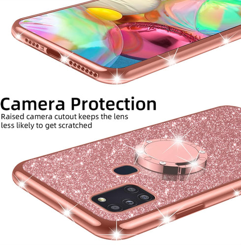 nancheng for Samsung Galaxy A21S Phone Case Cute Girls Women Glitter TPU Cover with Ring Stand & Strap Lanyard Shockproof Protection Case - Rose G...