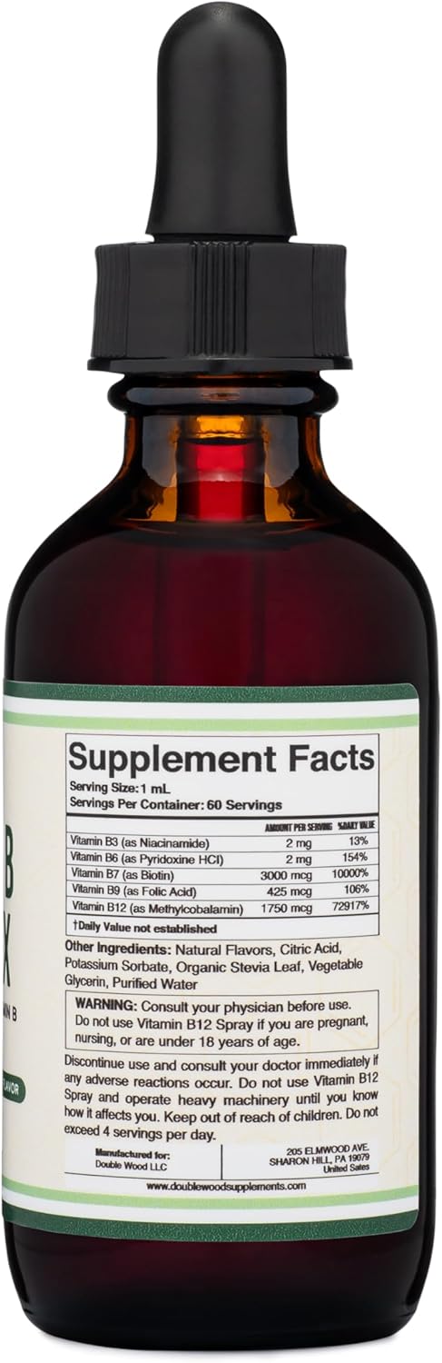 Double Wood Supplements Liquid Vitamin B Complex - 2 Month Supply - Max Absorption - B3, B6, B7 (Biotin), B9, and Vitamin B12 - Cherry Flavor - 2 ...