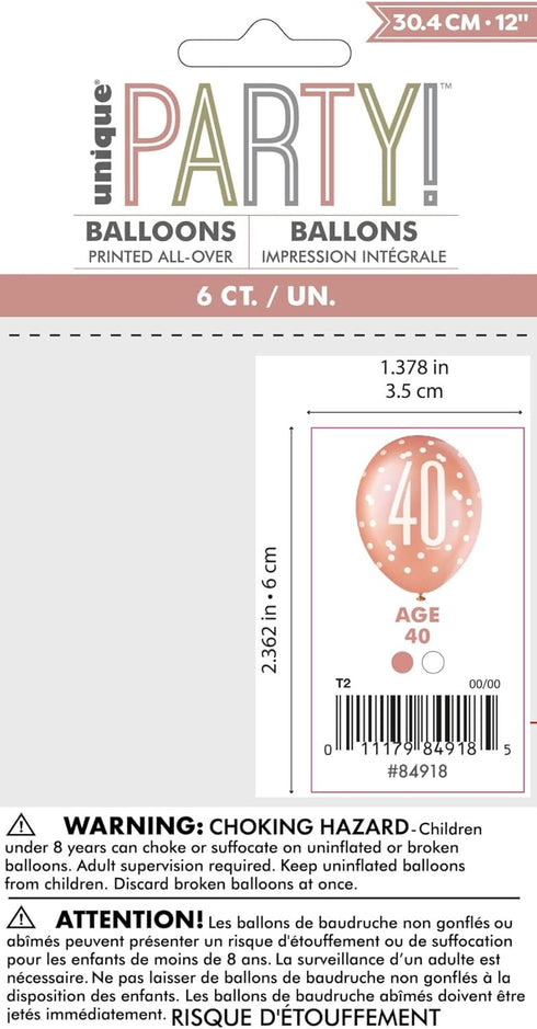 Unique Party 84918 Number Latex Balloons-12 | Rosegold | 6 Pcs, Rose Gold, Age 40...