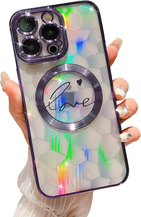 MGQILING iPhone 15 pro max case, Magnetic phone case, Laser Polygon Love Heart Pattern Plating Case, Compatible with MagSafe for Women Girls Shock...