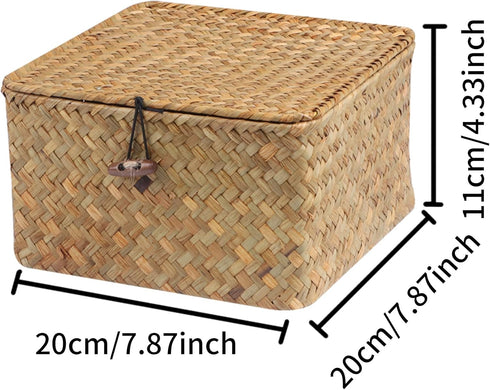 Wicker Shelf Baskets with Lid, Handwoven Seagrass Storage Basket Bins Square Gift Boxes for Shelves Home Decor Organizer (Natural, Small)...