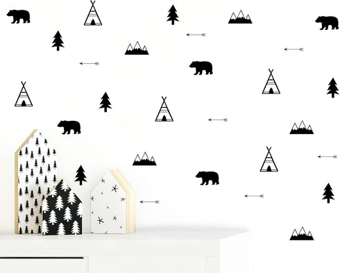 Woodland Wall Decal, Bears, Arrow, Teepees, Trees and Mountains Decor, Matte Vinyl Wall Stickers for Baby Bedroom, Nursery Wall Decals(Y05) (Black...