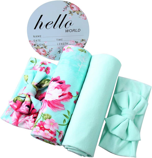 Galabloomer Newborn Swaddle Blanket with Headband Set Baby Girl Receiving Blanket Aqua Flower...