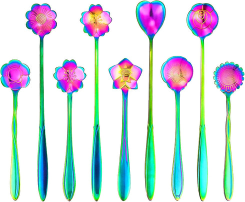 9 PCS Rainbow Flower Spoon Set, LEEFONE 2 Different Size Stainless Steel Reusable Teaspoons Coffee Sugar Stirring Spoon Dessert Cake Spoons Tea Sc...