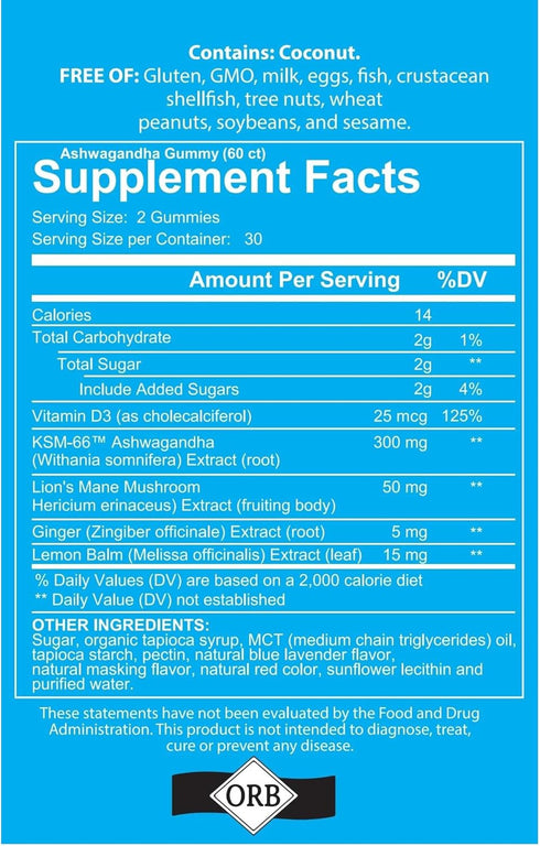 Ashwagandha Gummies Mixed Berry KSM-66, Lion's Mane, Vitamin-D, Non-GMO, Gluten-Free, Gelatin Free & Kosher | for Daily Focus Boost (60 Count (Pac...