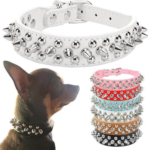 Spiked Dog Collar White Soft Pu Leather Funny Mushrooms Rivet Spike Studded Puppy Collar Adjustable Outdoor Pet Dog Collar for Small Medium Large ...