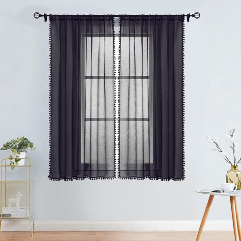 Treatmentex Black Pom Pom Sheer Curtains for Bedroom 63" Linen Texture Decorative Voile Draperies Chic Solid Sheer Curtain Panels for Living Room ...