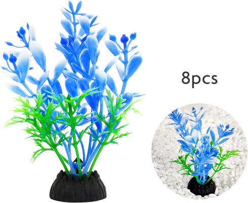Aquarium Fish Tank Decorations 8 PCS Small Blue Tree Artificial Plastic Fish Tank Plants Ornaments Safe for Betta Fish...