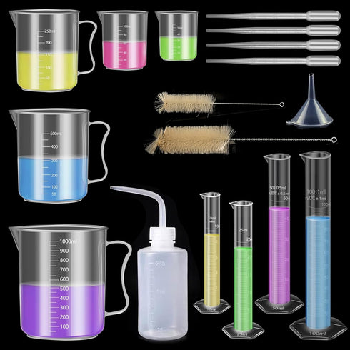 4PCS Plastic Graduated Cylinders Set 10ml 25ml 50ml 100ml, 5PCS Plastic Beakers Set 50ml 100ml 250ml 500ml 1000ml with 4PCS Pipettes,1PCS Plastic ...