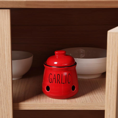 HAOTOP Garlic Keeper with Lid, Ceramic Mini Garlic Container Saver for Countertop, Keep Your Garlic Cloves Fresh, Red...