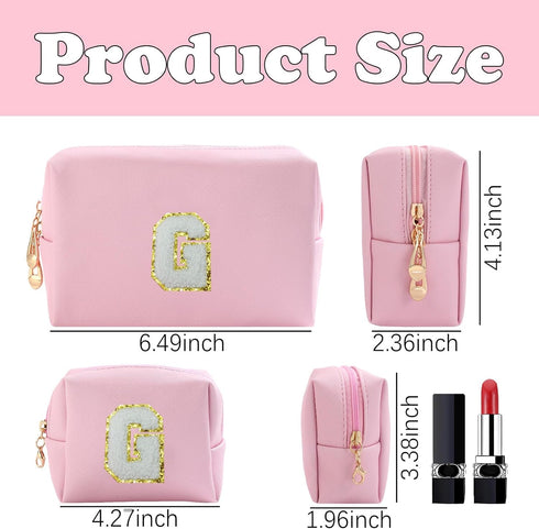 Personalized Initial Letter Makeup Bag Preppy Patch Bag, 2Pcs Waterproof PU Leather Chenille Letter Cosmetic Bag, Pink Travel Makeup Bag with Zipp...