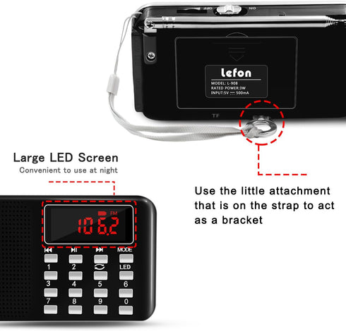 LEFON Mini Digital AM FM Radio Media Speaker MP3 Music Player Support TF Card/USB Disk with LED Screen Display and Emergency Flashlight Function (...