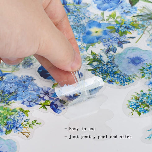 EAMOTOL Vintage Aesthetic Floral Journals Stickers - 100PCS PET Transparent Blue Flowers Plant Materials Scrapbooking Supplies for Daily Planner B...