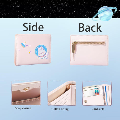 Sunwel Fashion Girls Cute Astronaut Bear Bunny Print Tri-folded Wallet Small Wallet Cash Pocket Card Holder ID Window for Women (PINK)...