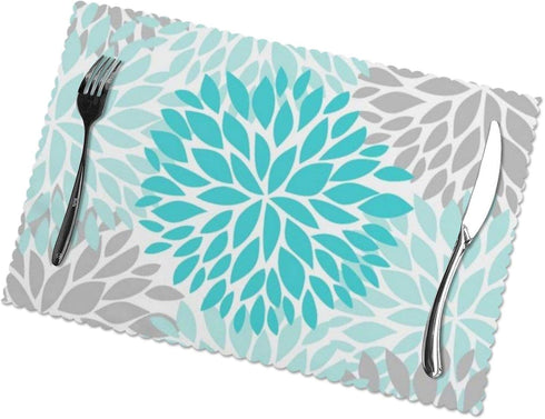 Turquoise Blue and Gray Placemats Set of 6, Washable Table Place Mats for Kitchen Dining Home 12 X 18 Inch...