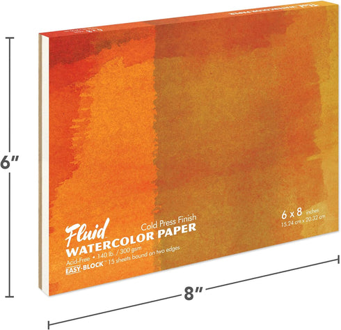 Fluid Watercolor Paper Block, 6 x 8 inches, 15 Sheets, 140 lb (300 GSM) Cold Press Pad for Artist Painting and Wet Media...