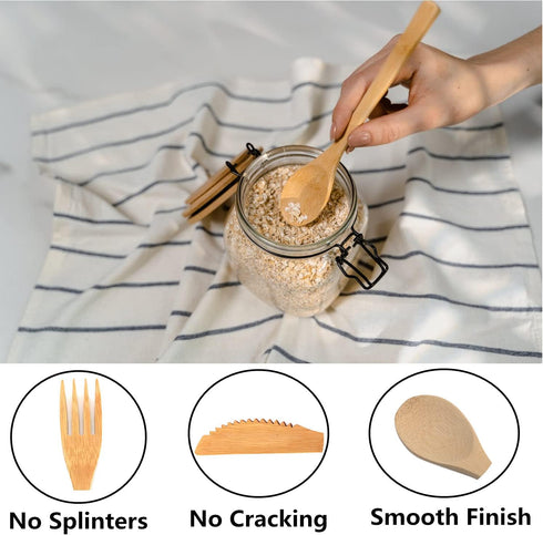 18PCS Reusable Bamboo Flatware Set,Bamboo Cutlery Set,Bamboo Forks Spoons Knives, Bamboo Utensil Cutlery Set for Picnic Party Travel, Bamboo Silve...