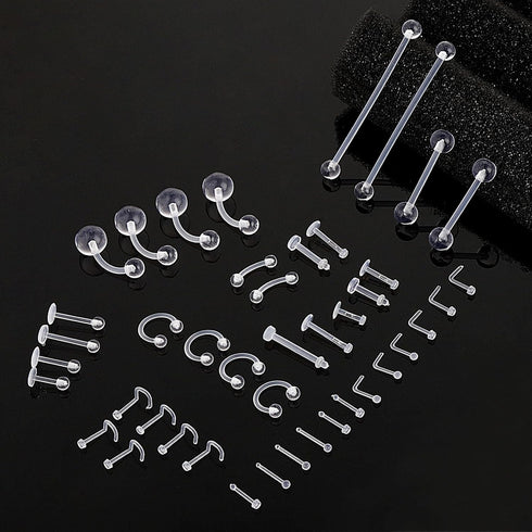 43Pcs Clear Piercing Retainer Set Acrylic Septum Ring Nose Studs Rings Cartilage Navel Tongue Barbells Lip Eyebrow Tragus Earring Clear Piercing J...